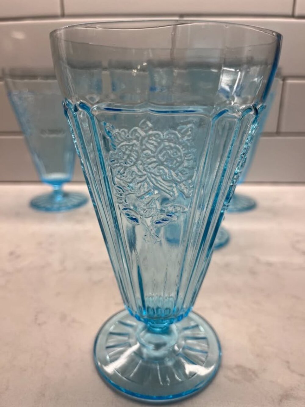 (1) LEFT Anchor Hocking 1930’s Mayfair “Open Rose” Ice Blue ICED TEA GLASSES